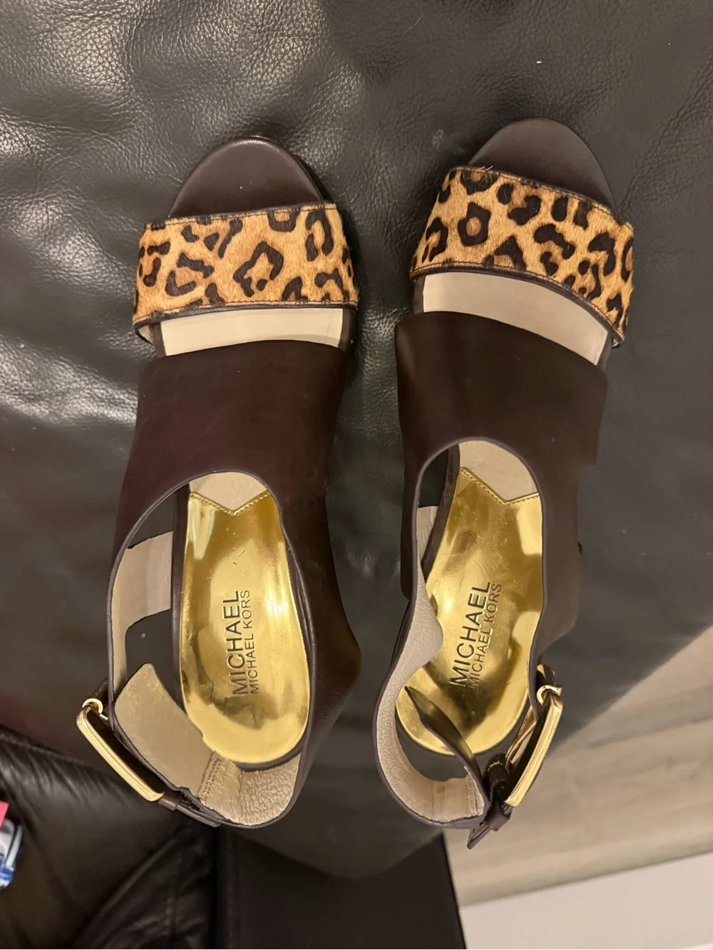 Michael Kors Brown Leather Heels with Leopard Print Strap